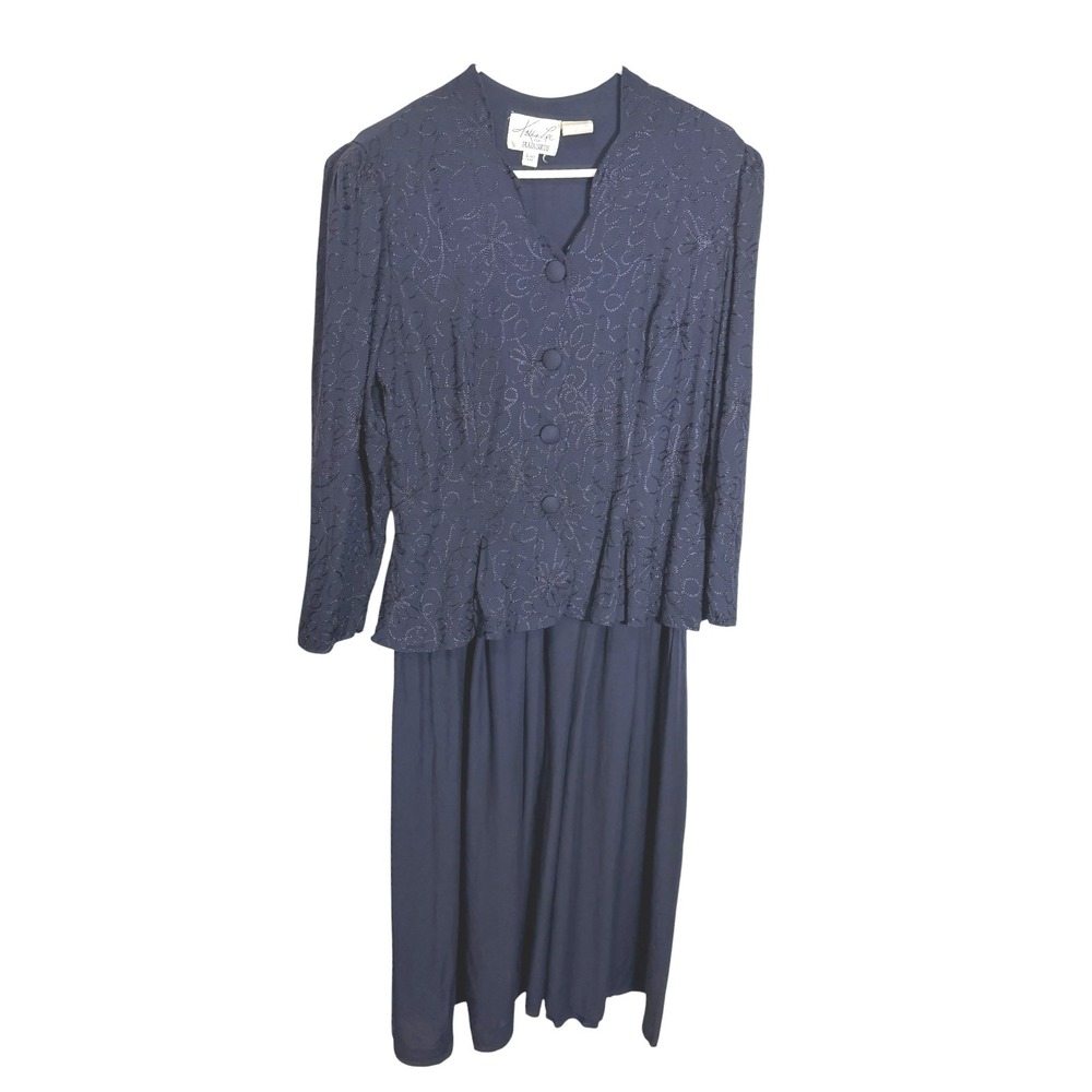 Vintage Kathie Lee Plaza South 14 Navy Blue Dress Embroidered 90s Grannycore